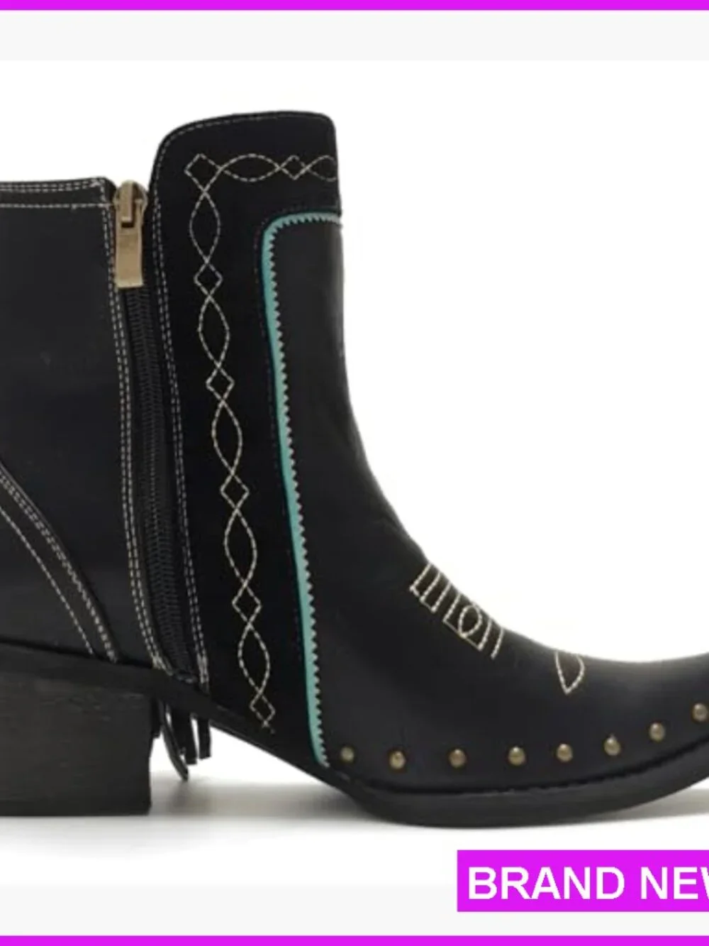 Western Fringe Booties Studded Turquoise Stones Ankle Boots Block Heel - Picture 5 of 7